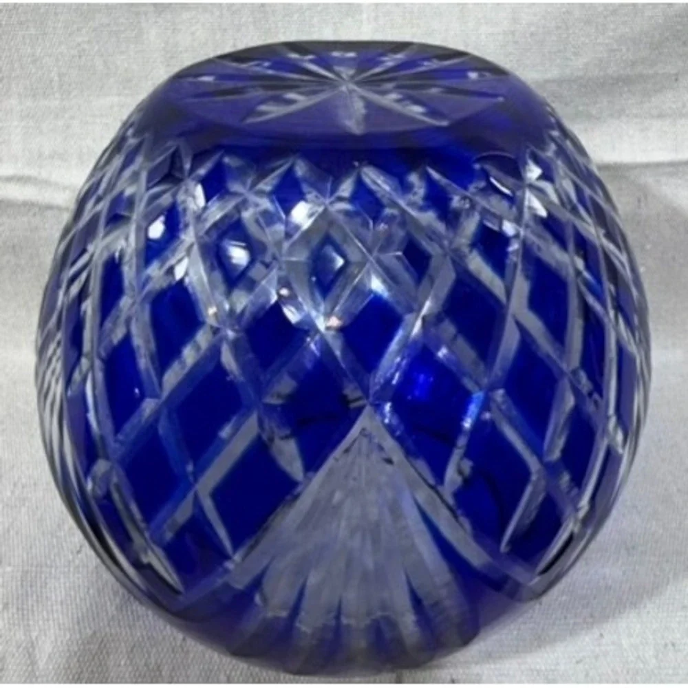 Godinger Crystal Legends Cobalt Blue Cut Crystal Rose Bowl Vase Made in Romania
